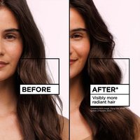 Before-and-after comparison of a woman's long brown hair