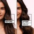 Before-and-after comparison of a woman's long brown hair