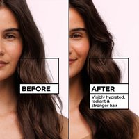 Before-and-after comparison of a woman's long brown hair