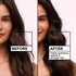 Before-and-after comparison of a woman's long brown hair